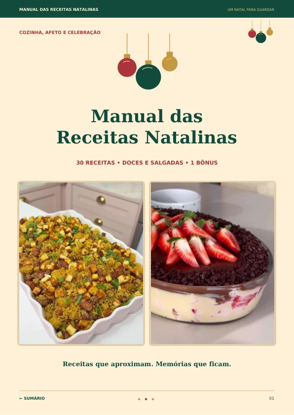 Capa do Manual das Receitas Natalinas, com decoração natalina e fotos de farofa e bombom de morango